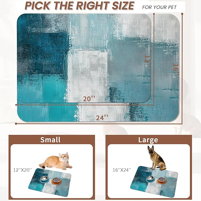 Turquoise Grey Dog Cat Food Mat, Teal Modern Art Absorbent Pet Feeding Mat - Image 2