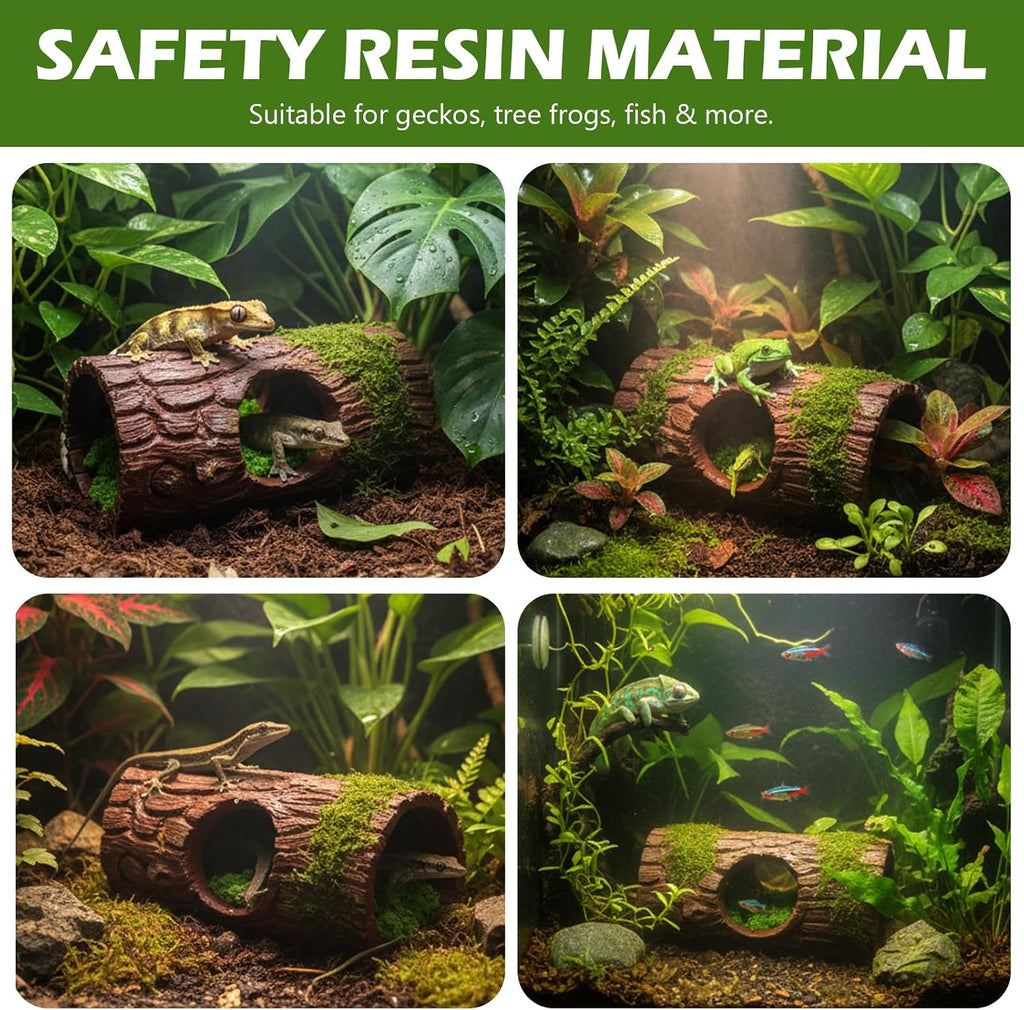 Reptile Hide Cave, Resin Hollow Tree Trunk Hideout with Faux Moss Set, Reptile & Amphibian Habitat Hideouts, for Arboreal Reptiles, Hermit Crabs, Leopard Gecko, Lizard Terrarium Decor