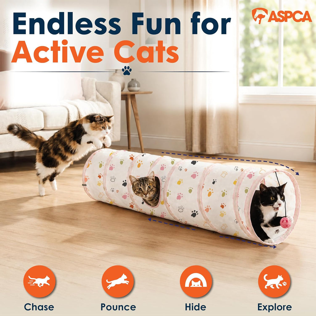 ASPCA Cat Tunnel with Rattle Toy – Interactive Collapsible Cat Tunnel for Indoor Cats, Crinkle Play Tunnel with Hanging Rattle Toy, Encourages Hiding, Chasing, Pouncing & Active Play, Paw Printed