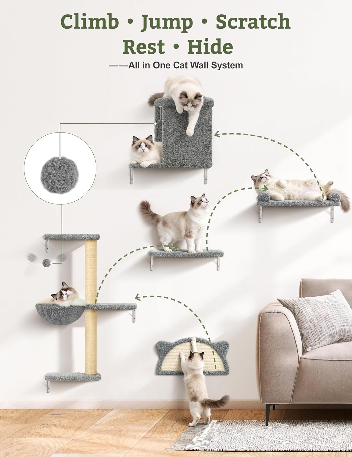 5-in-1 Cat Wall Shelves, Solid Wood Cat Wall Furniture Set for Indoor Cats