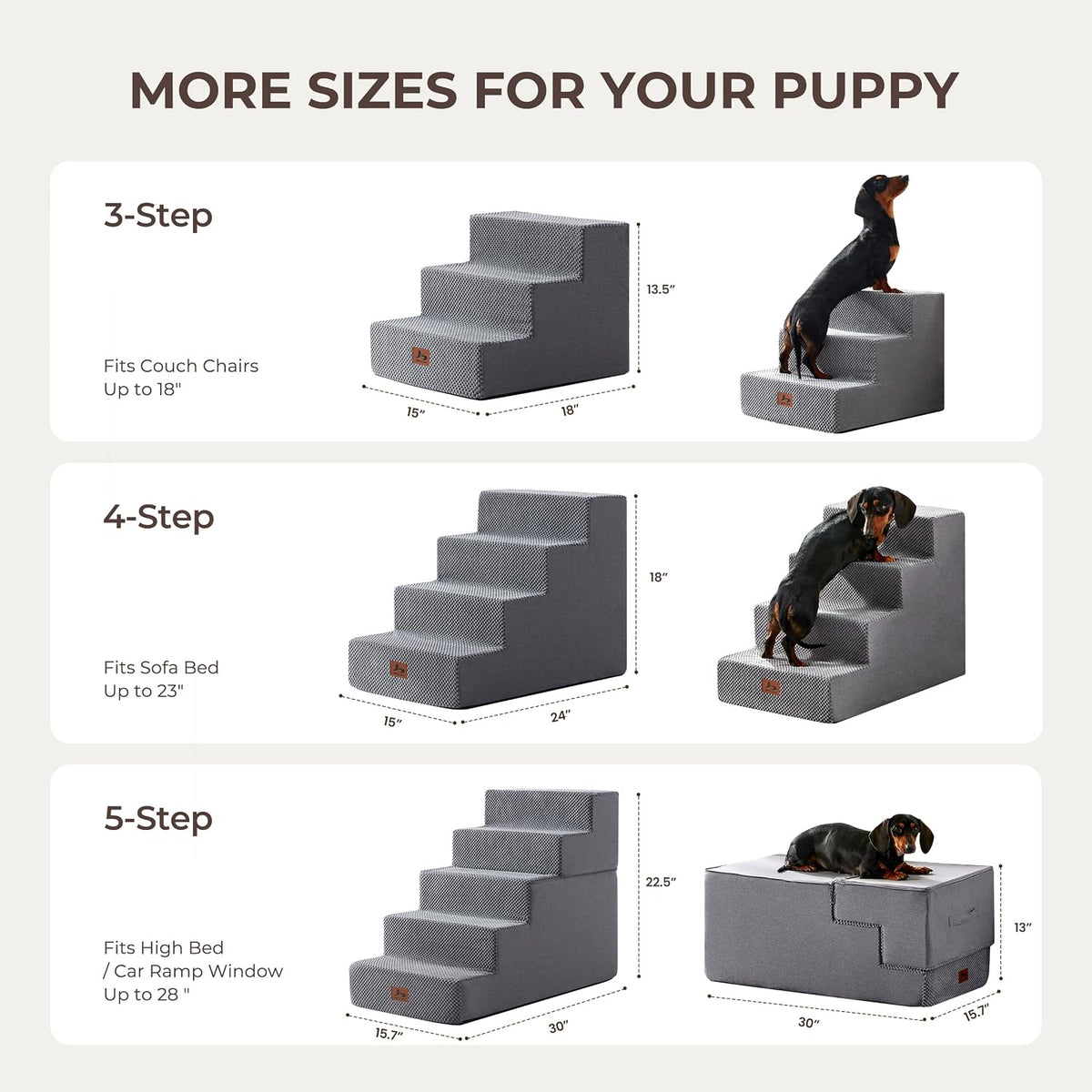 Dog Stairs 3-Step 13.5” H for Bed and Couch Grey