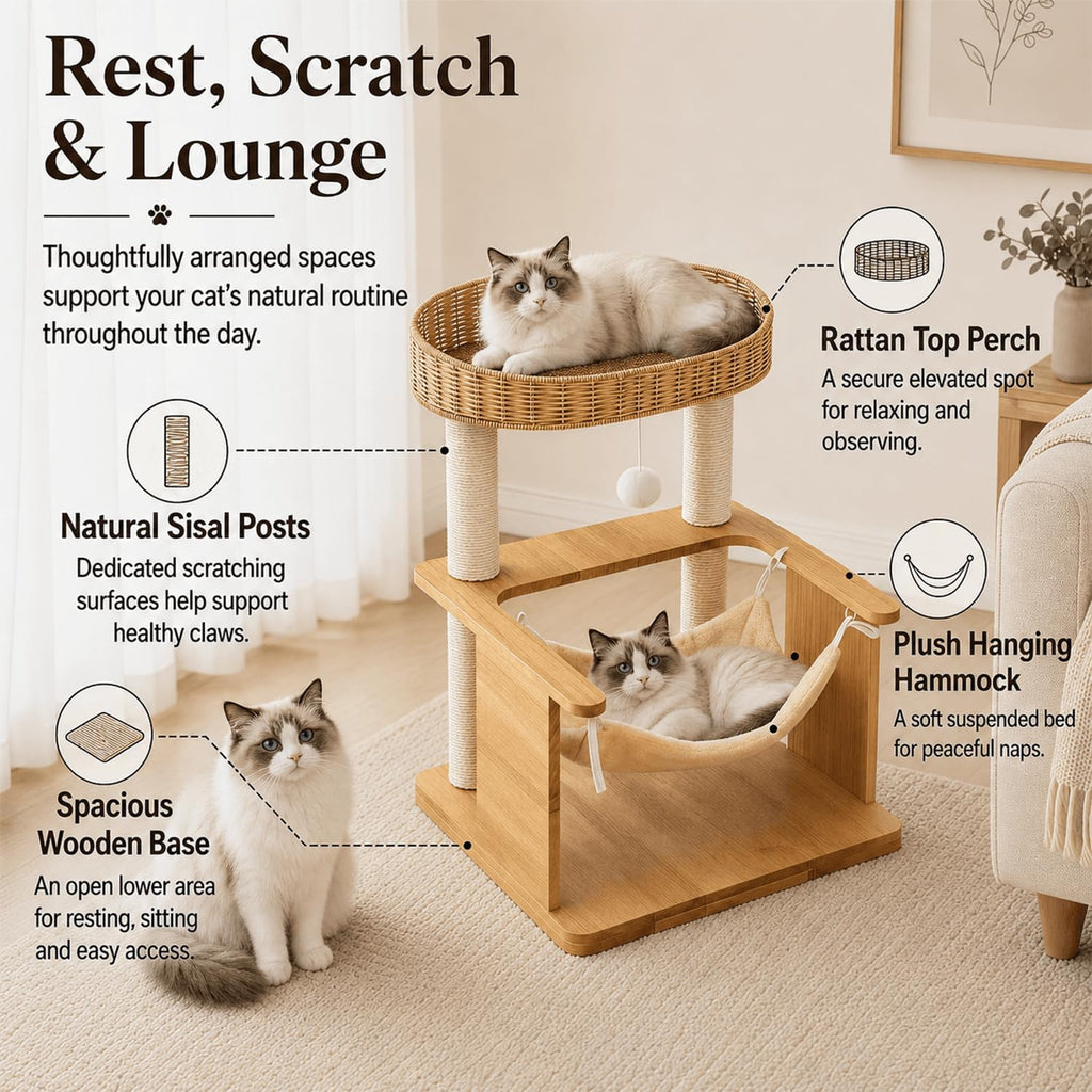 Solid Wood Cat Tree for Indoor Cats,28in Compact Cat Tower