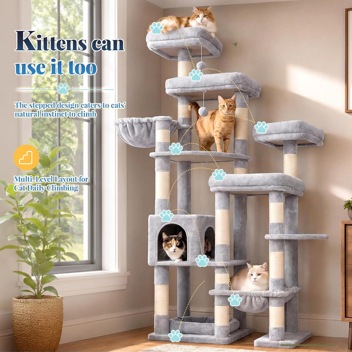 Hey-brother Cat Tree Tower, Wide Base, 5 Platforms for Multi-Cats, MPJ074W