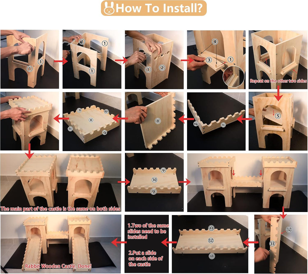 Extra Large Wooden Rabbit Castle Hideaway Tunnel and Bed Small Animal Hideaway Hut Solid Safe Construction Play Hideaway Hut for Rabbit Guinea Pig Chinchilla