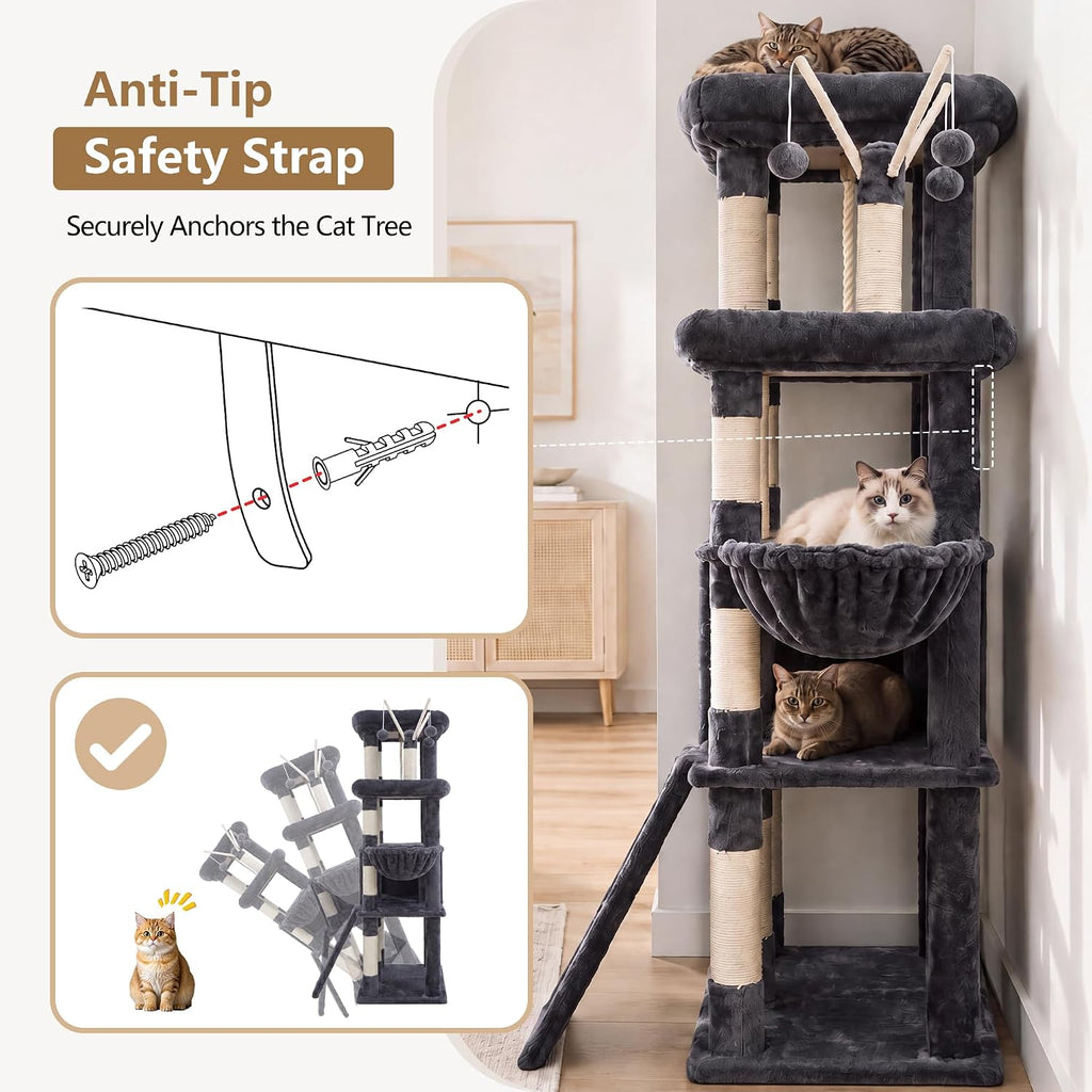 Heybly 55.1" Cat Tree with Stable Double Platforms for Indoor Cats HCT053G