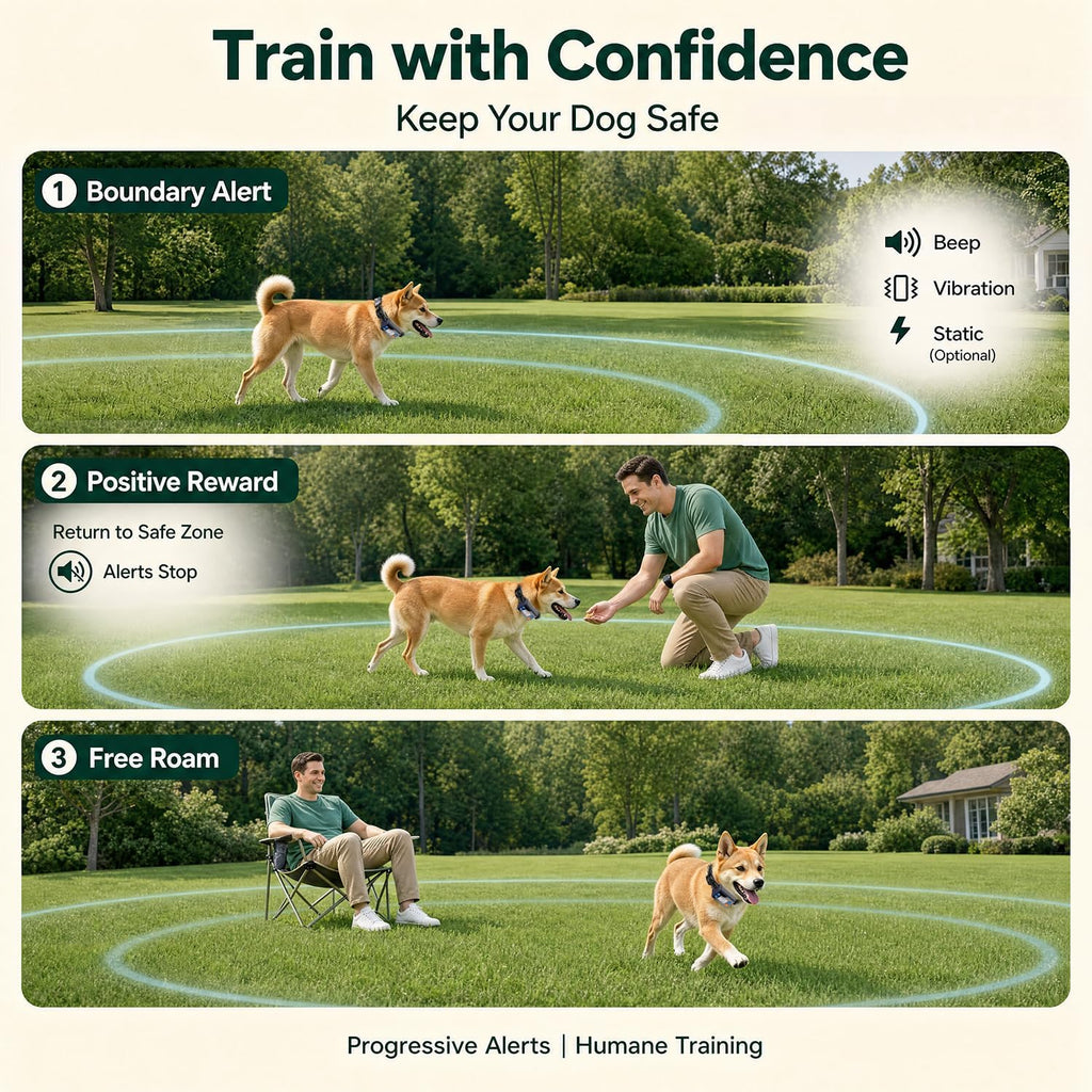 GPS Wireless Dog Fence System, Dual-Band Electric Pet Containment Boundary Collar with 20-999 Yard Adjustable Radius, No App or Subscription Needed, IPX7 Waterproof Training Collar for Dogs