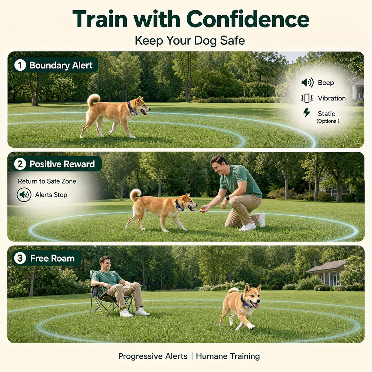 GPS Wireless Dog Fence System, Dual-Band Electric Pet Containment Boundary Collar with 20-999 Yard Adjustable Radius, No App or Subscription Needed, IPX7 Waterproof Training Collar for Dogs