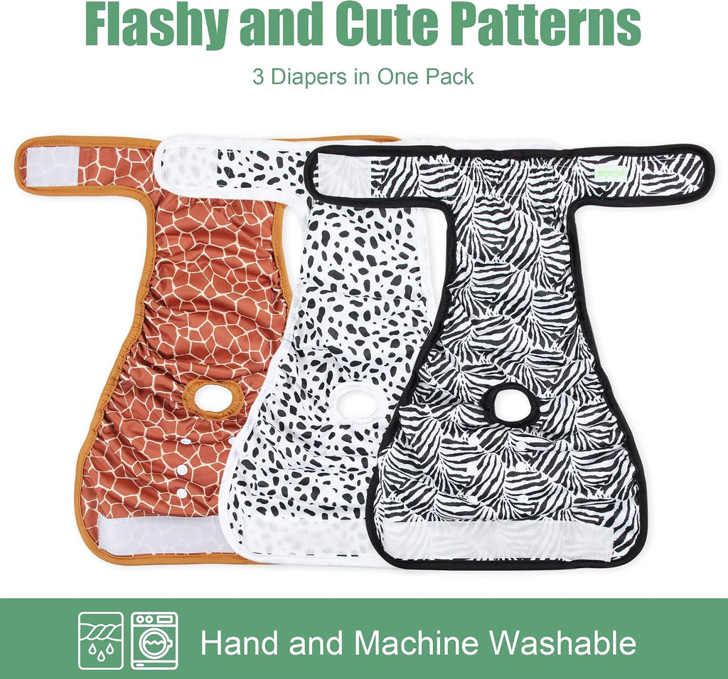 Wegreeco Washable Dog Diapers (3 Pack), Highly Absorbent Female Dog Diapers for Heat, Period, Incontinence, or Excitable Urination (Zebra, Giraffe, Spotty, XL)