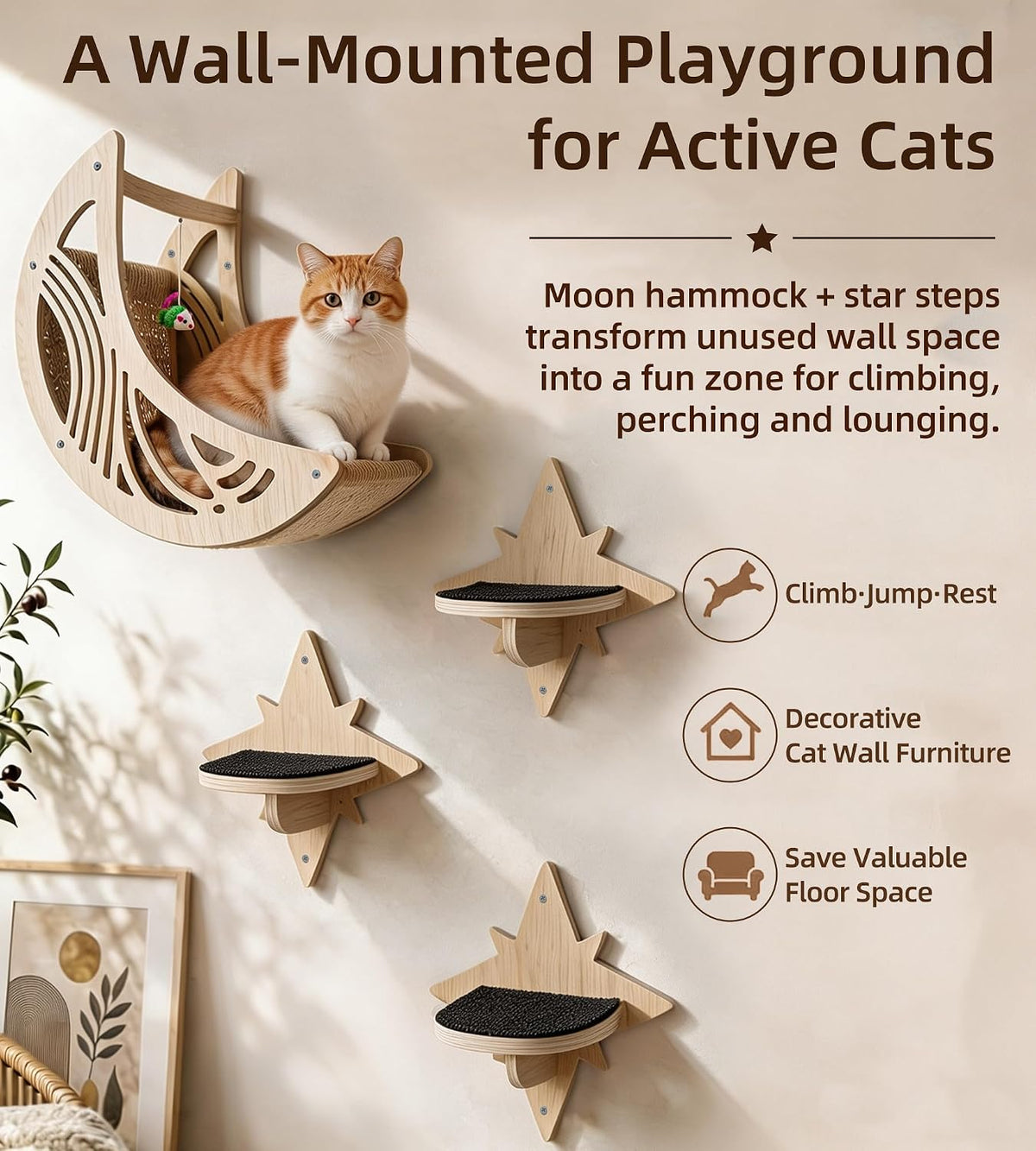 Star Cat Wall Shelves with Non-Slip Pads for Indoor Cats, Wall Mounted