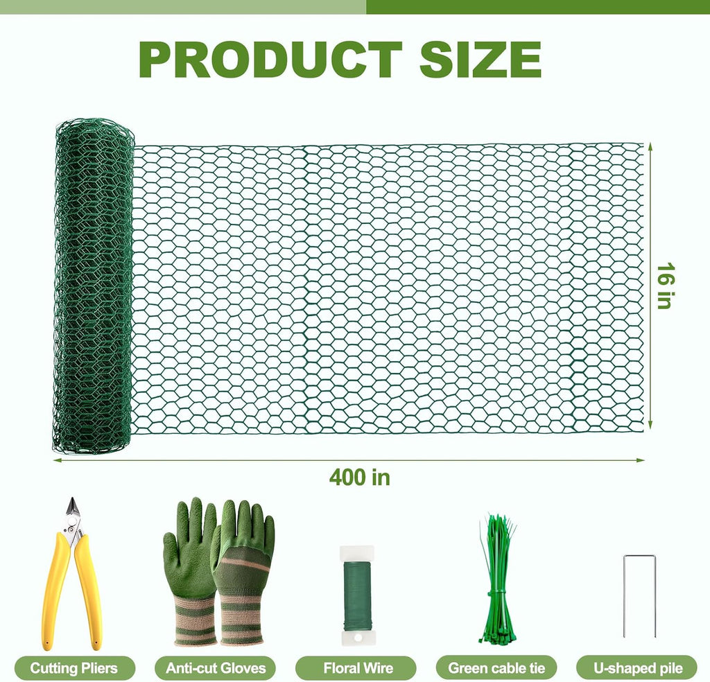 All-in-One 400 Inch Plant Protectors from Animals Kit - 0.85mm Heavy Duty Chicken Wire Cloche,Free-Cut Wire Mesh Roll Includes Pliers, Gloves, Ties, Stakes for Custom Outdoor Cages (16 * 400 Inch)