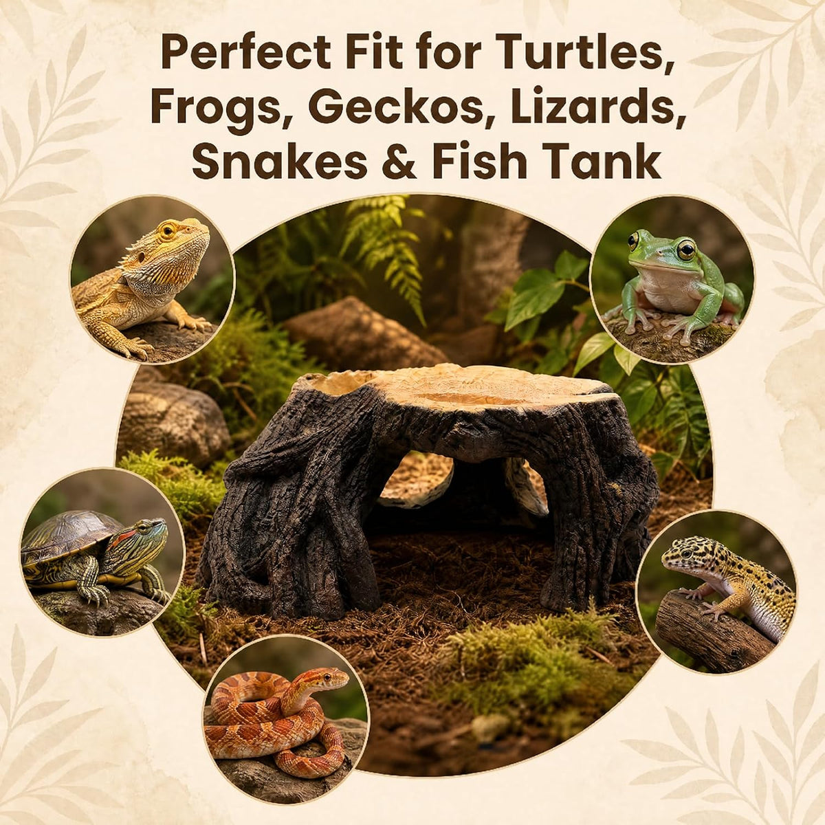 Reptile Hide, 9.4"x8.6" Basking Platform with Ramp, Tree Root Design