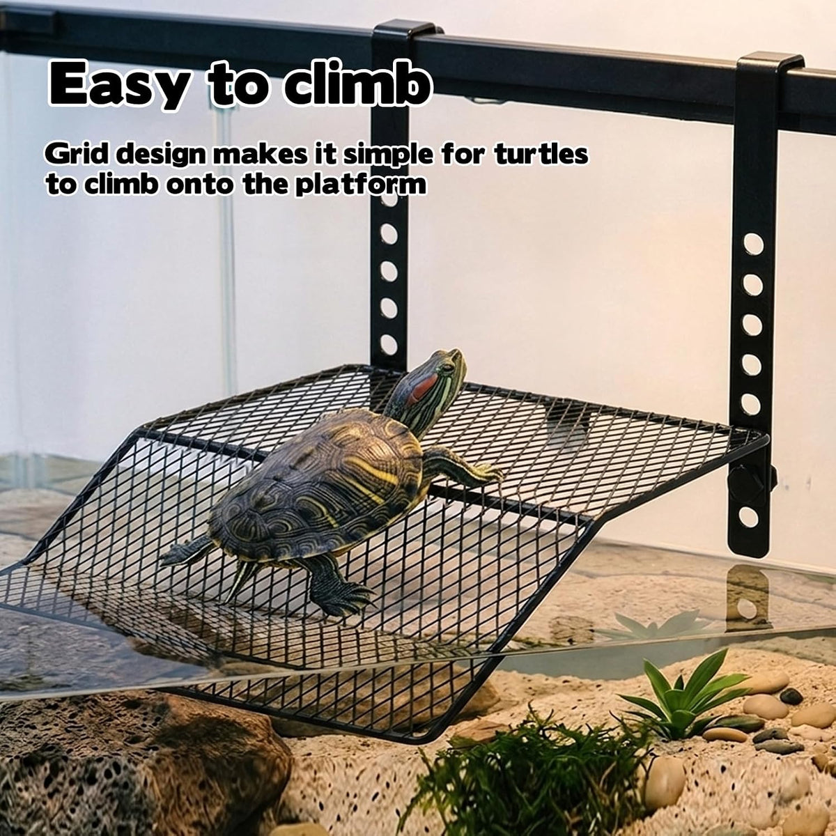 FMOACEN Hanging Turtle Basking Platform Heavy Duty Metal Dock Non-Slip Ramp Height Adjustable Dual Hooks Easy Install Fits 10-20 Gallon Tanks Reptile Tank Accessories for Baby Turtle Frogs