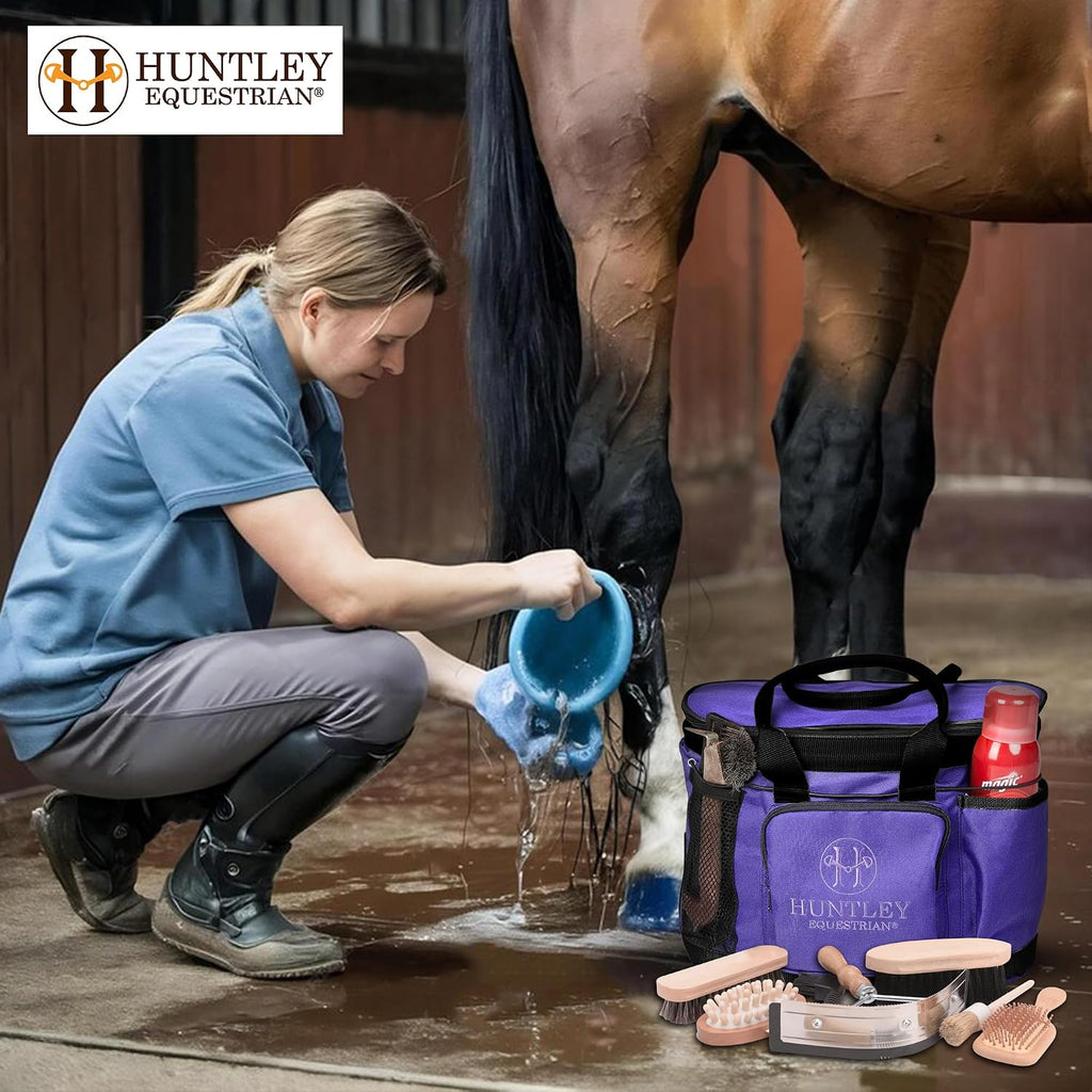 Huntley Equestrian Deluxe Grooming Bag Perfectly Designed Easy Access Multi Pocket Zipper Top Closure Double Handles Shoulder Strap Exterior Pockets - Purple