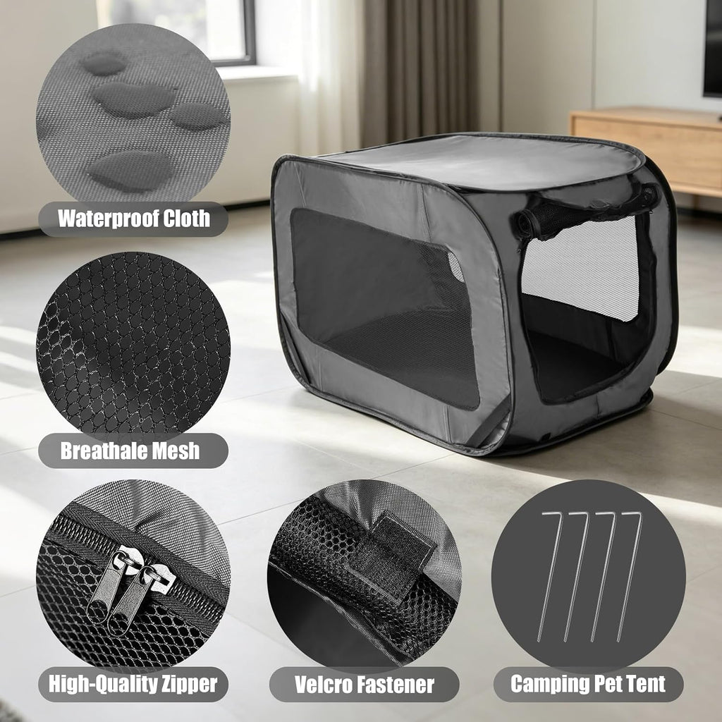 Foldable 36" Dog Crate for Medium Dogs, Portable Waterproof Pop-Up Pet Kennel with Zipper, Collapsible Lightweight Indoor Outdoor Travel Cage with Tie-Down Straps & Ground Nails (Grey)