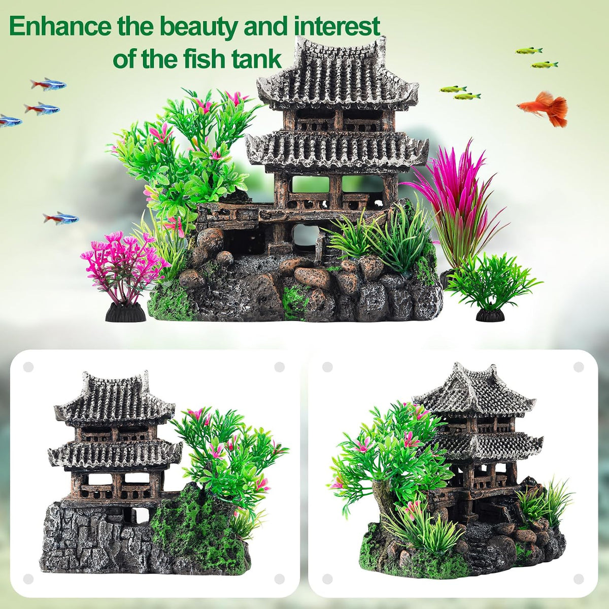 CousDUoBe 9Pcs Resin Castle Decorations Set，Realistic Fish Tank Castle with Eco-Friendly Design,Fish Tank Decorations Aquarium Accessories