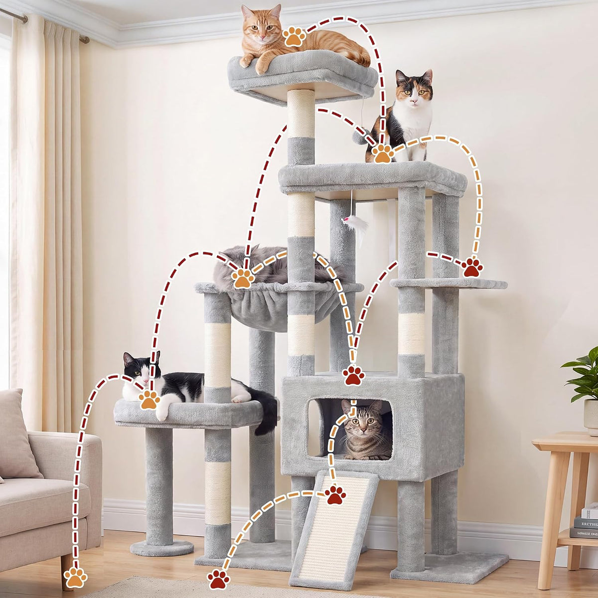Gitelsnour 63'' Sturdy Cat Tree, Multi-Level Tower, Large Hammock, GCT805W