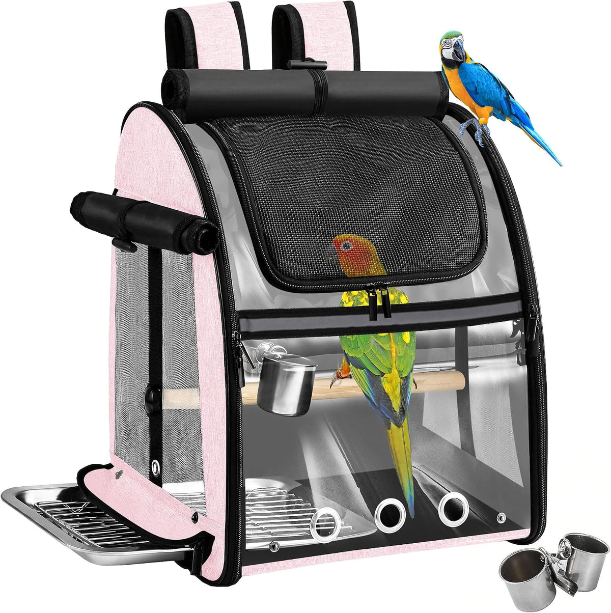 Sanmoncare Bird Carrier Backpack with Stainless Steel Mesh, Parrot Travel Cage with Stand, Easy to Clean, Portable Conures Travel Bag, Pet Breathable Travel Cage