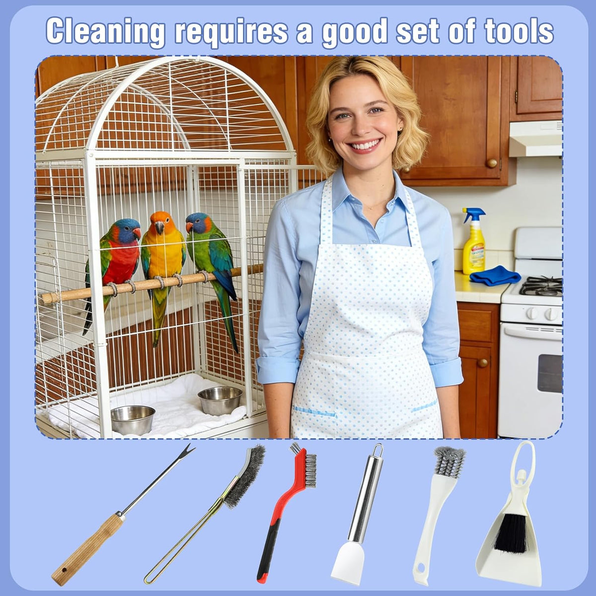 6PCS Bird Cage Cleaning Brush Kit Stainless Bird Cage Cleaner Tools Set Accessories for Small Medium,Large,Tall,Stainless Steel,Parakeet,Budgie,African Grey Parrot,Cockatoo Birds Cages Accessories