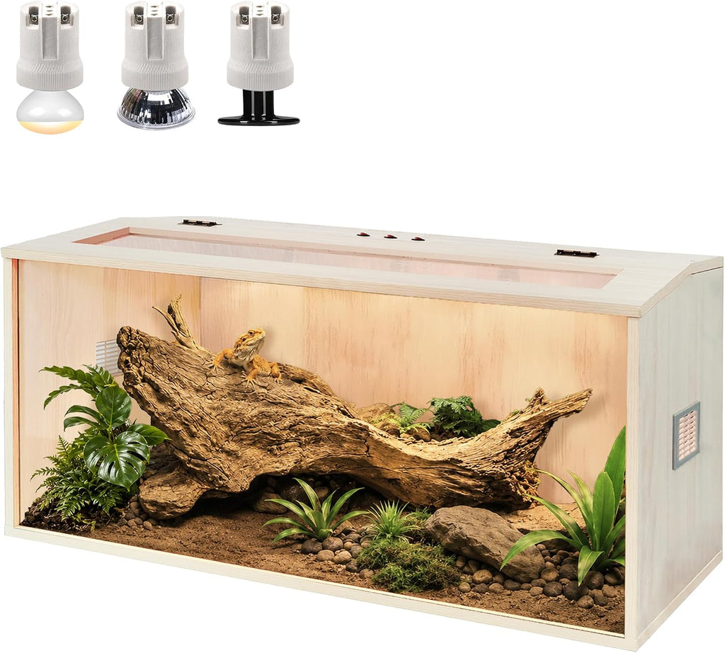 PROLEE Bearded Dragon Tank, Lizard Tank with Clear Tempered Glass, Anti-Scratch Reptile Enclosure, Reptile Tank Built-in Light Fixtures with Switch (47X18X18inch)