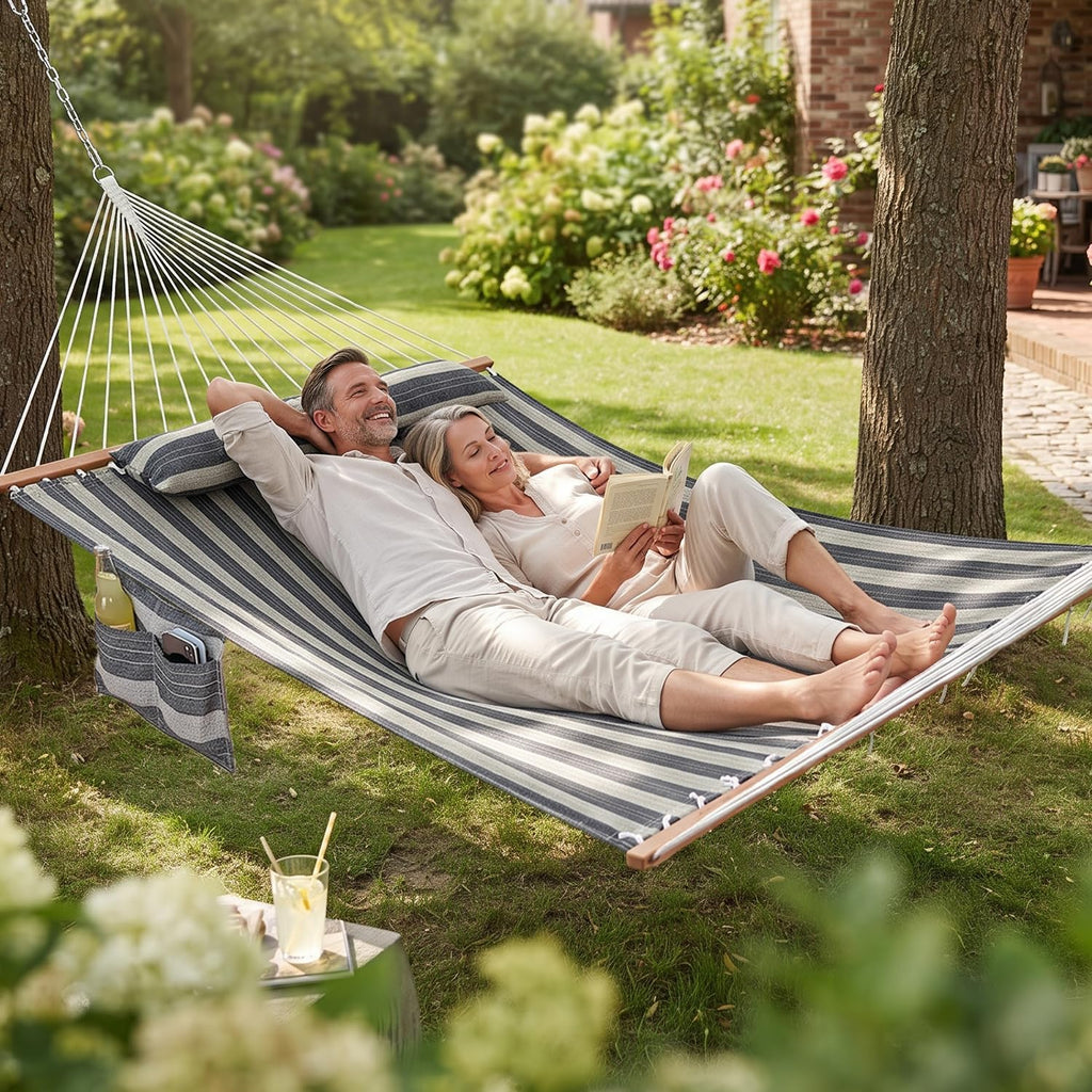 GAFETE 12ft 2 Person Hammock for Outside with Hardwood Spreader Bar