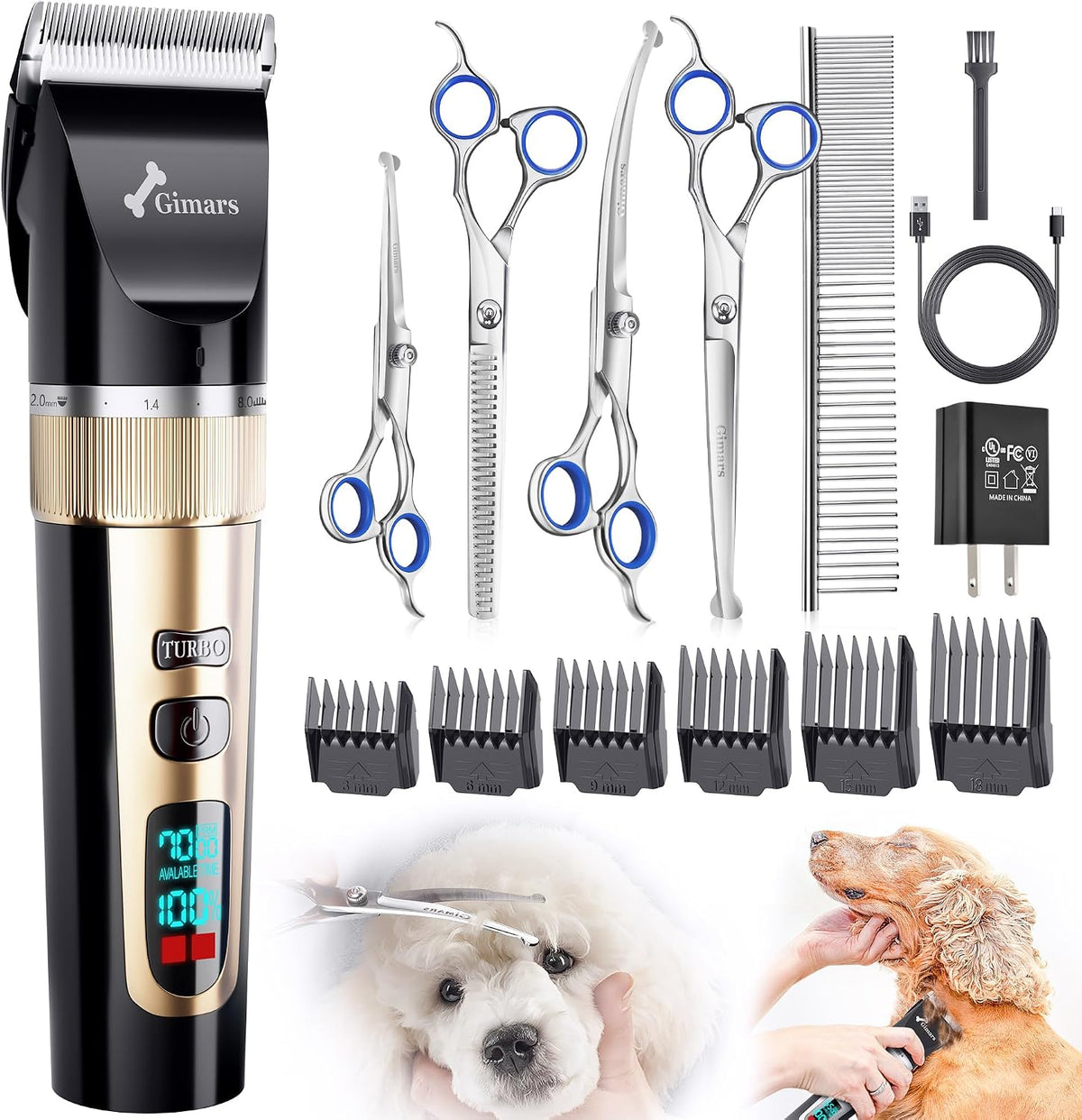 Gimars Cordless 4 Speed 7000rpm Dog Clippers with 6 in 1 4CR Stainless Steel Dog Grooming Scissors Kits, Low Noise 55db Rechargeable Pet Hair Thick Coat Trimmer Cat Shaver Clippers Kit for Cat Pet