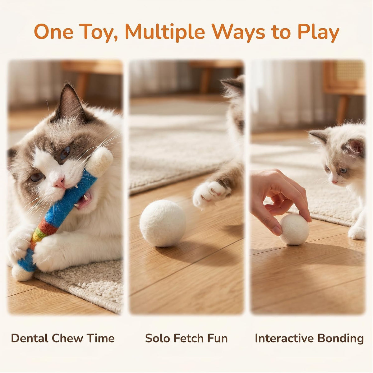 Catnip Cat Toys for Indoor Cats, 6 Jumbo Cotton Swab Kicker Sticks with 3 Natural Wool Balls, Quiet Chew Toy for Kittens