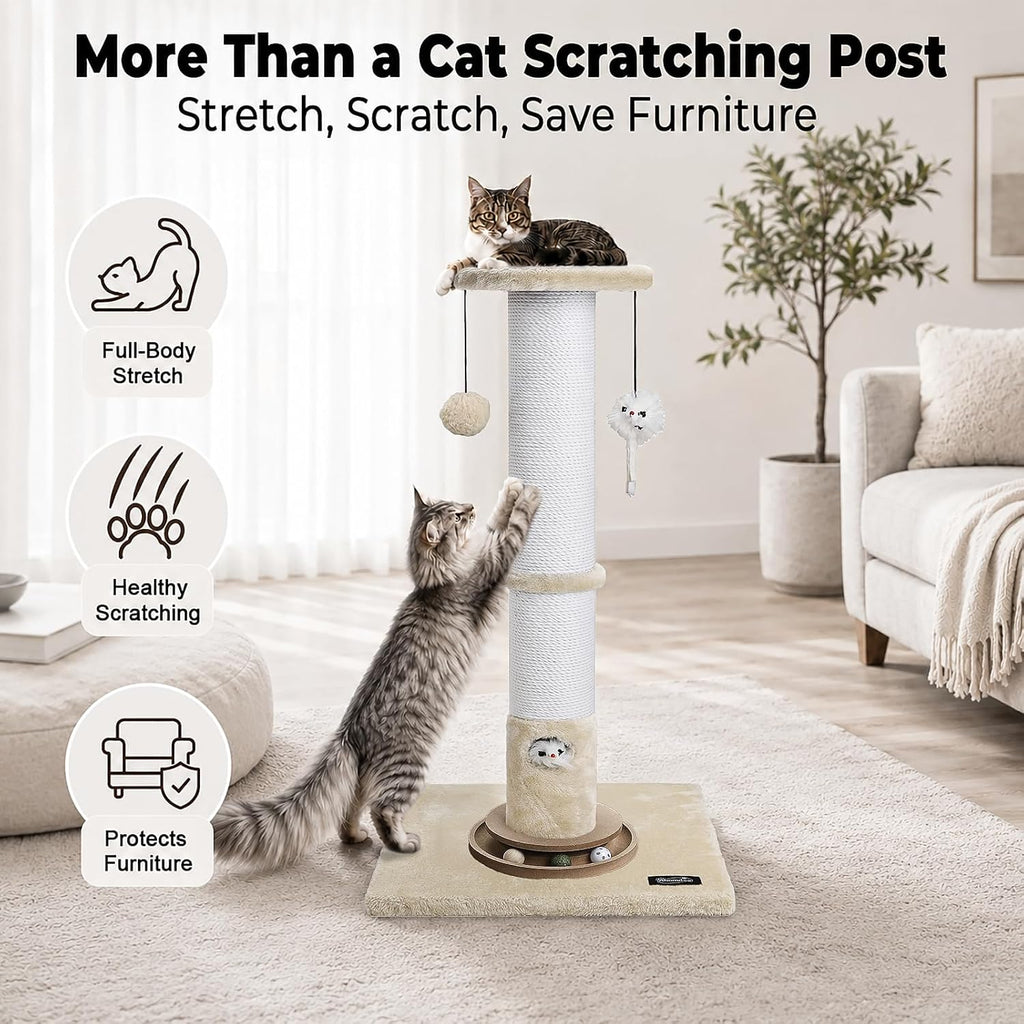 35-Inch Tall Cat Scratching Post, Stable Base for Large Cats, Beige