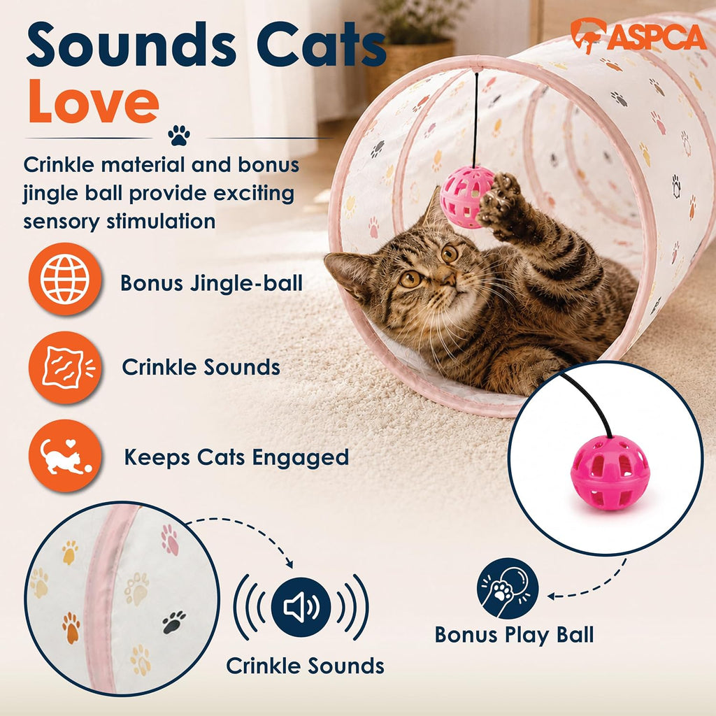 ASPCA Cat Tunnel with Rattle Toy – Interactive Collapsible Cat Tunnel for Indoor Cats, Crinkle Play Tunnel with Hanging Rattle Toy, Encourages Hiding, Chasing, Pouncing & Active Play, Paw Printed
