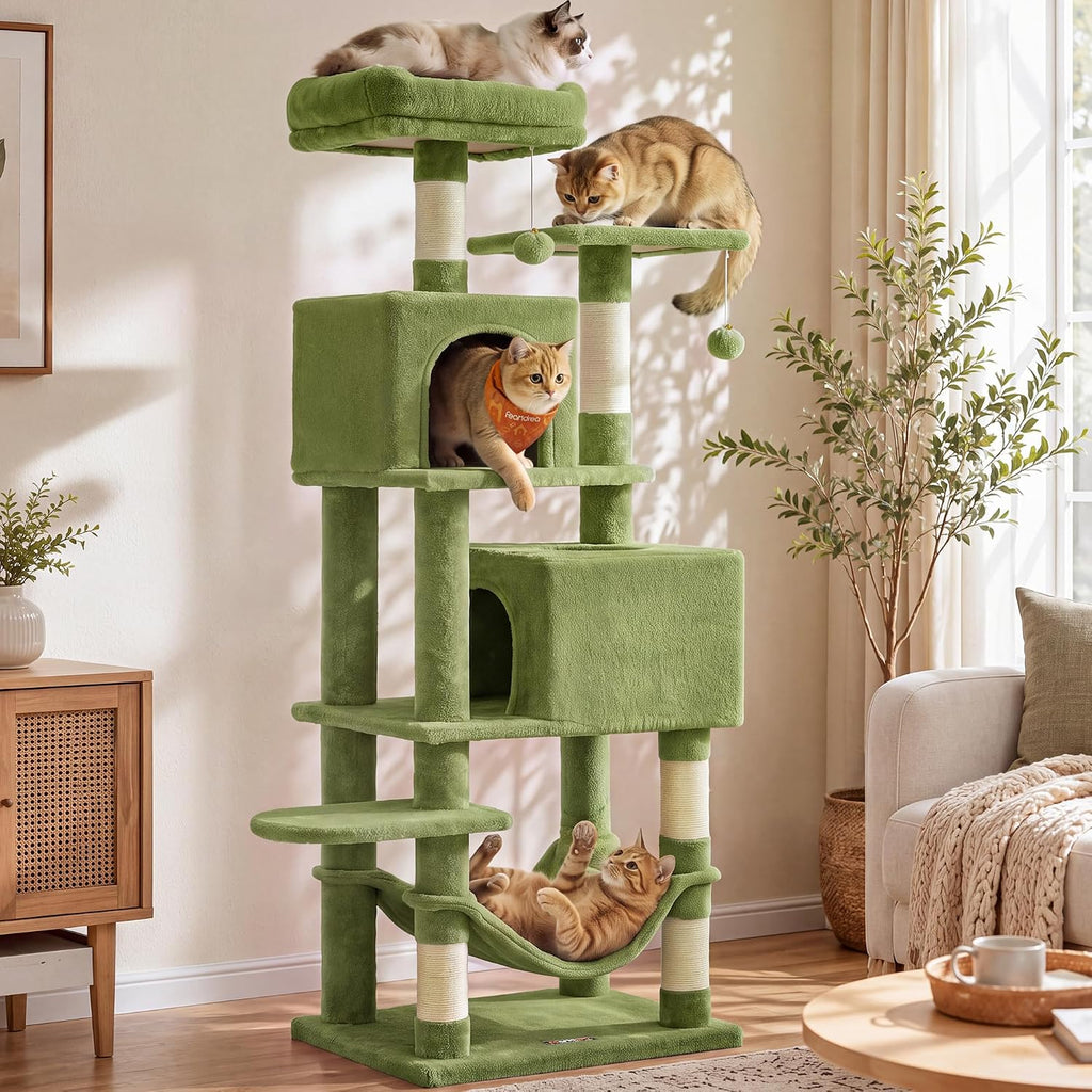 Feandrea Cat Tree, 59.5-Inch Tall Cat Tower, Multi-Level Condo, Beige