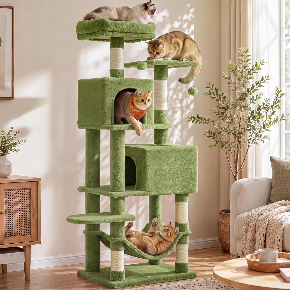 Feandrea Cat Tree, 59.5-Inch Tall Cat Tower, Multi-Level Condo, Beige