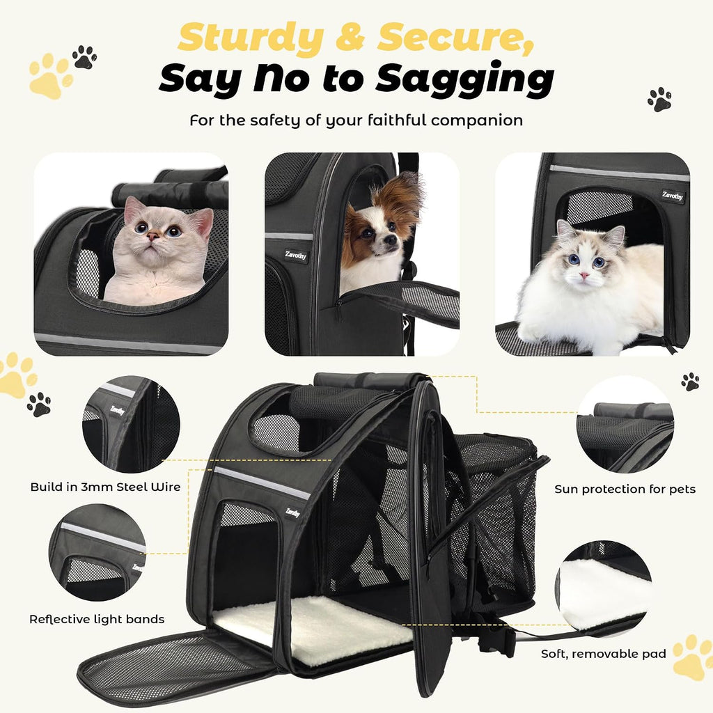 Cat Backpack Carrier – Expandable Airline Approved Pet Travel Bag for Cats & Small Dogs, Breathable Mesh Pet Carrier Backpack with Padded Base (Black)
