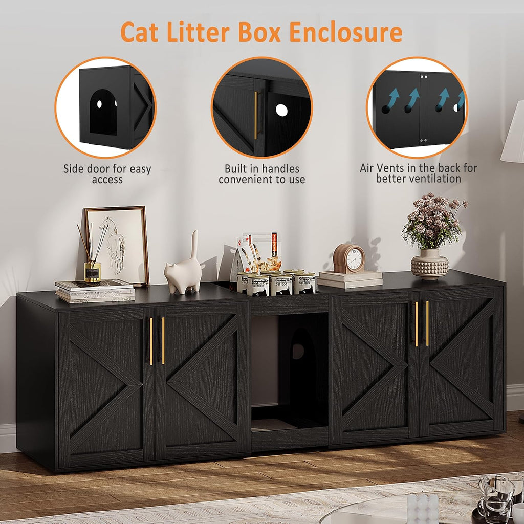 Modern Double Room Cat Litter Box Enclosure for Two Cats – Large Wooden Hidden Cat Washroom Cabinet with Storage Shelf & Soft Cushion – Multi-Functional End Table or TV Stand – Black