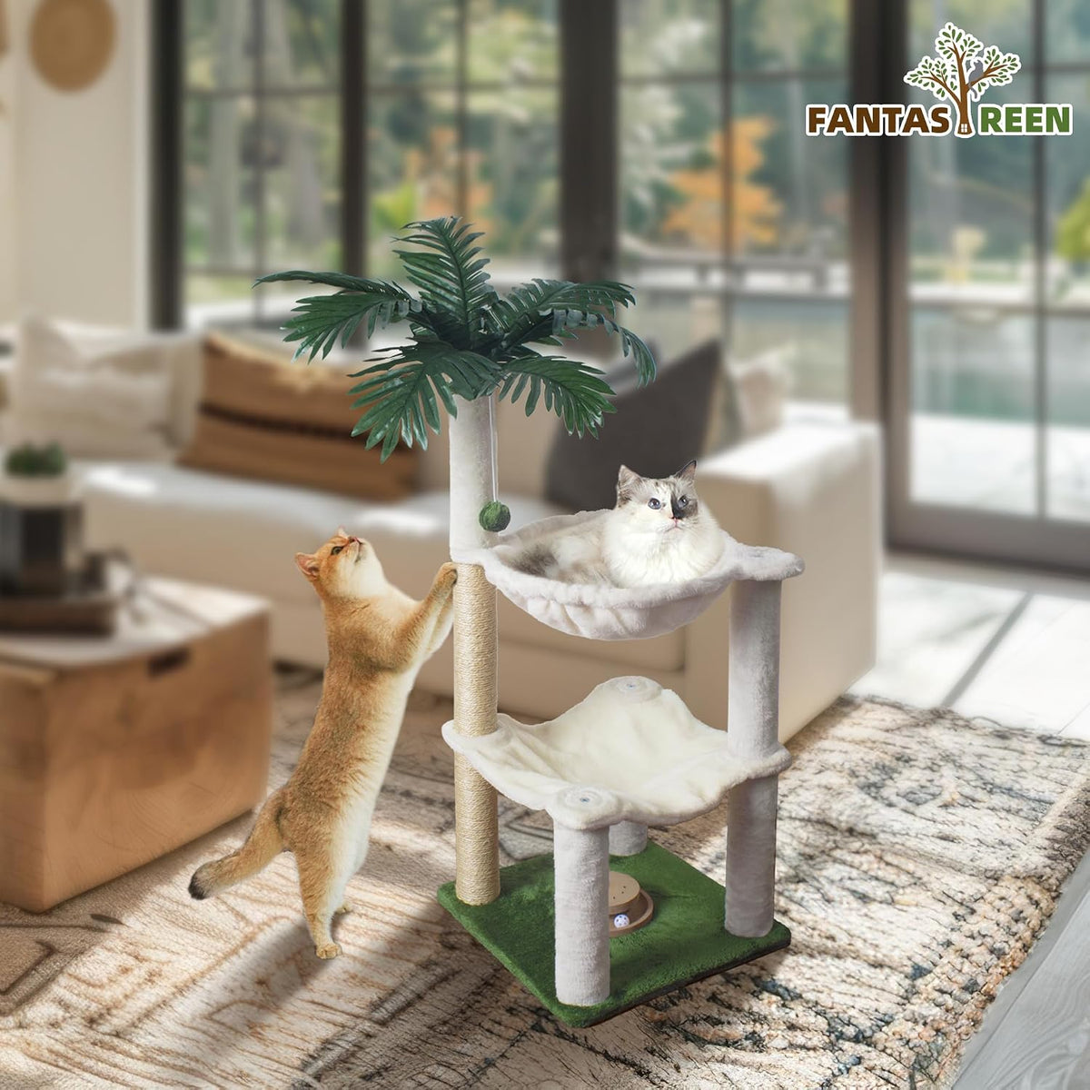 Cat Tree 40'' with Double Hammock & Interactive Toy for Indoor Cats