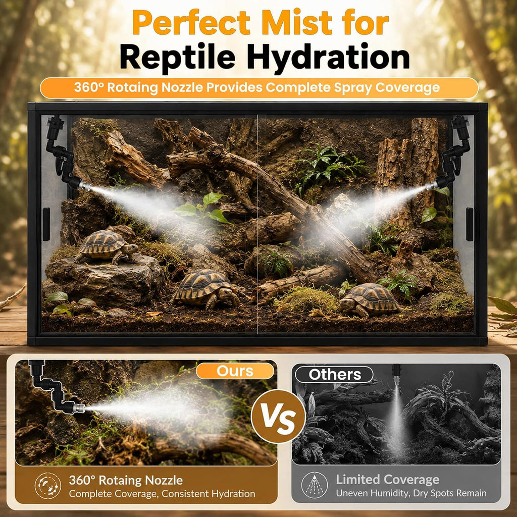 Reptile Mister, Automatic Reptile Misting System with Timer, 360°Adjustable Spray Nozzles, Humidifier for Amphibians Terrariums Rainforest Plants