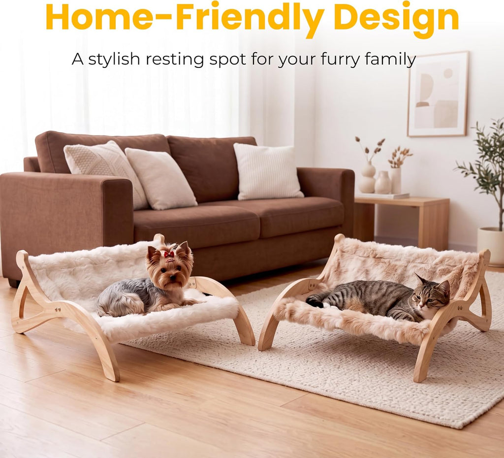 Elevated Cat Bed for Indoor Cats, Cute Paw-Shape Cat Hammock Couch with Cozy Washable Cushion, Solid Wood Pet Furniture for Kitty, Puppy & Bunny (Warm Beige)
