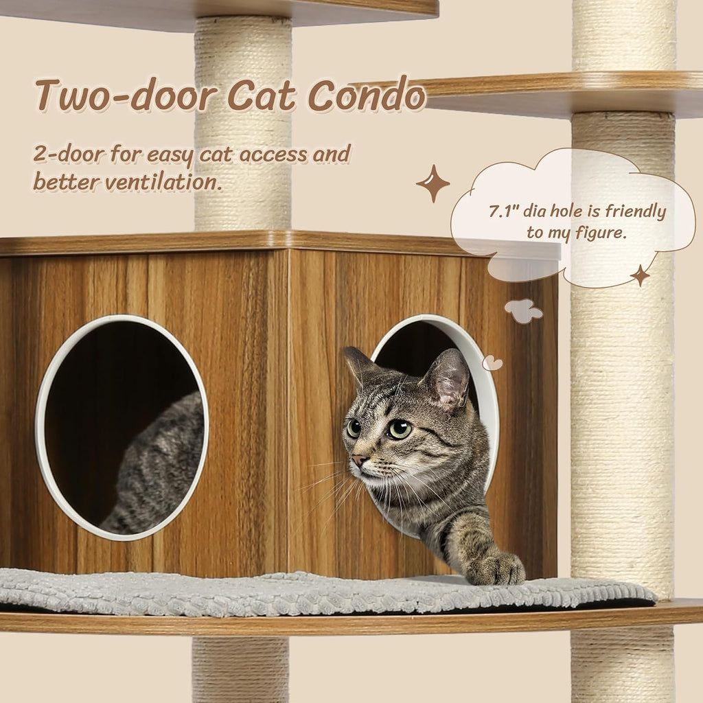 69”H Tall Wood Cat Tree, Large Cat Tower Multi-Level Platforms with Sisal Scratching Posts, Cat Condo for Large Cats 20 lbs Heavy Duty (69” H Wood Brown)