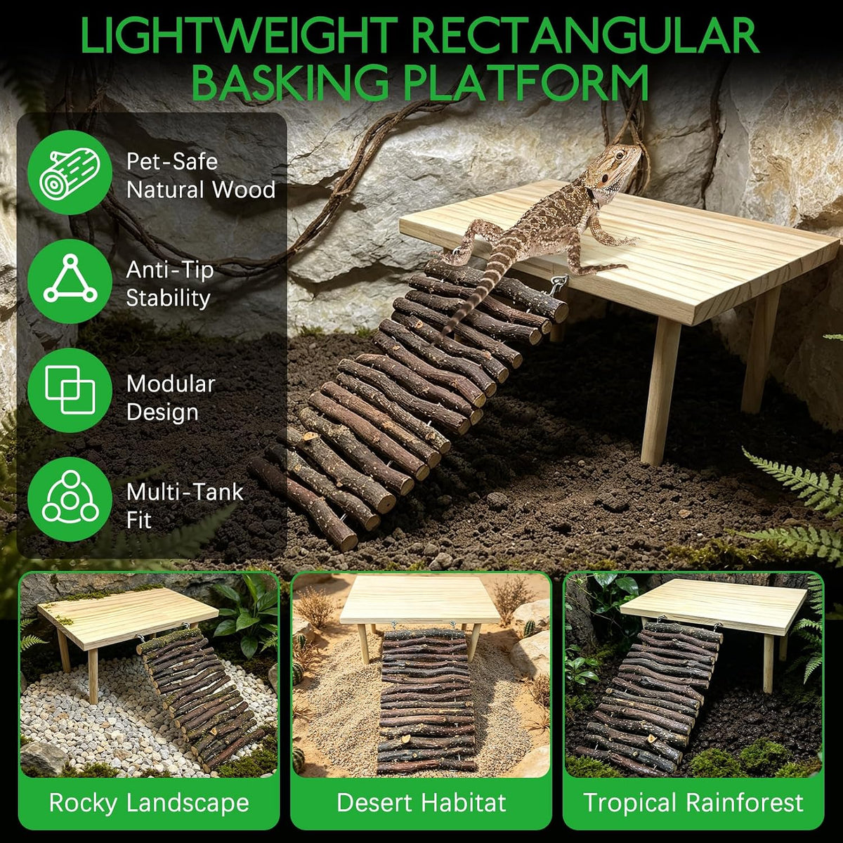 BNOSDM Wooden Basking Platform with Climbing Ramp Reptiles Hideout Bearded Dragon Hide Cave Reptile Tank Accessories Suit for Tortoise, Lizard, Toad, Gecko (Rectangle)
