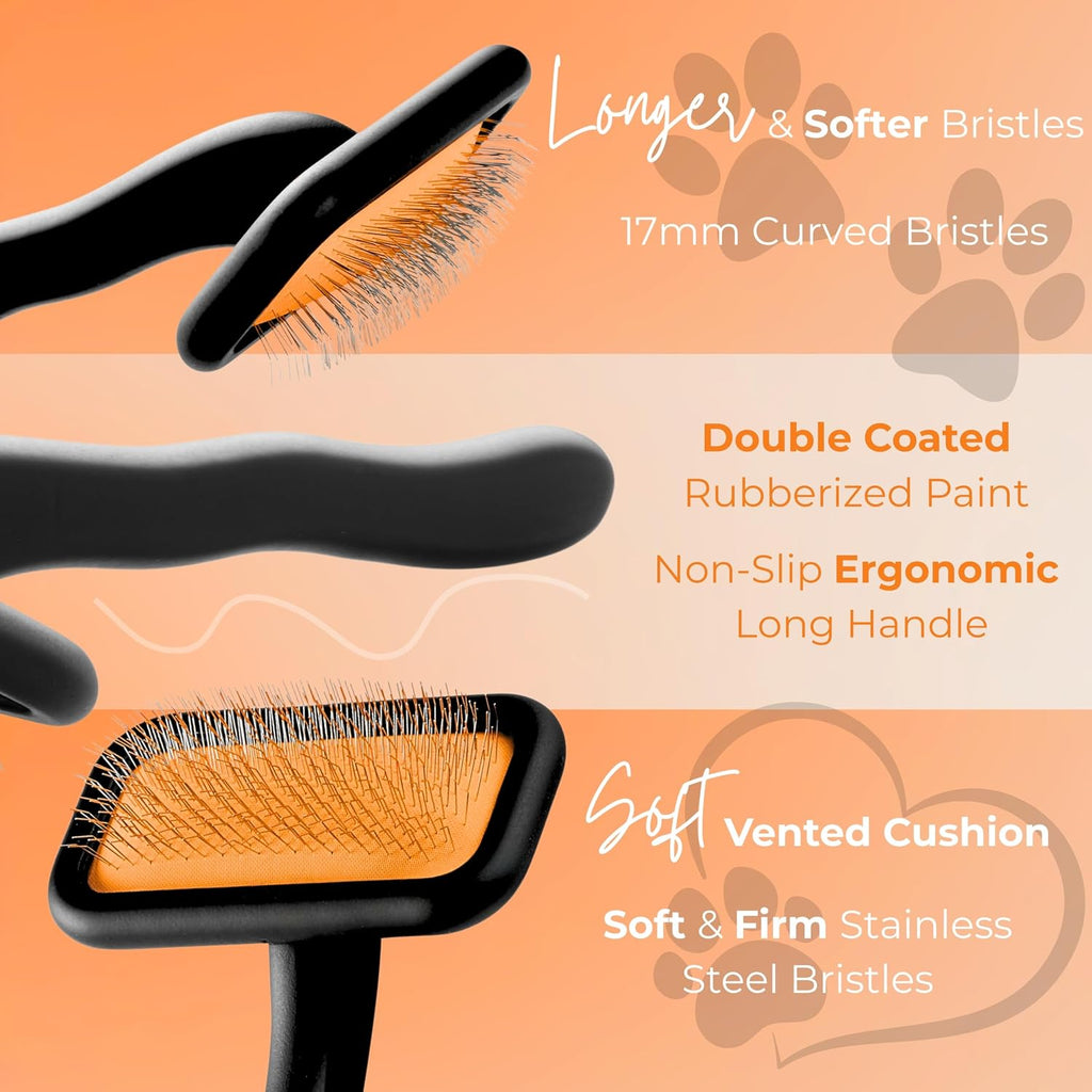 Black Medium Dog Slicker Brush for Dogs and Cats Grooming | Detangle, Fluff & Volumize | Soft Vented Cushion | Matt Rubberized Paint | Ergonomic Handle | Wire Brush | Orange Details