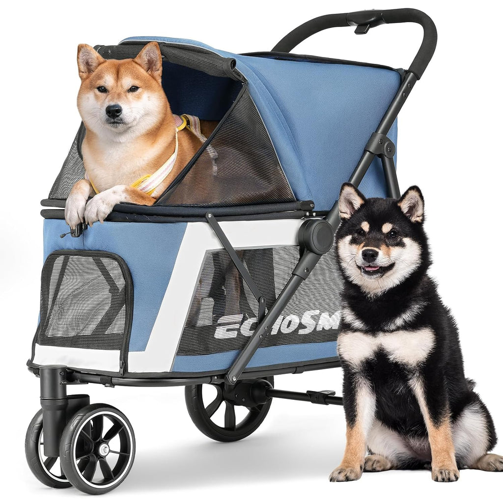 EchoSmile Dog Stroller for Medium & Small Dogs, Foldable Pet Stroller with 3 Wheels & Brakes, All-Terrain Cat Dog Carrier with Breathable Mesh, Safety Leash and Storage Pocket, Black