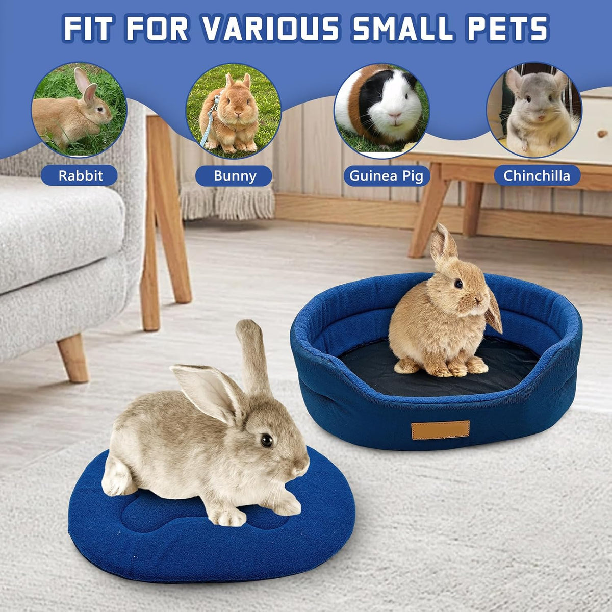 Bunny Bed,Plush Rabbit Couch with Washable Mat,15.7x11.4 in,Blue
