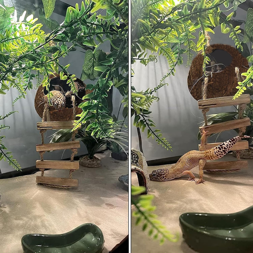 6PCS Crested Gecko Coconut Hut, Lizard Coco Den with Ladder and Reptile Hammock Bearded Dragon Tank Accessories Climbing Hanging Plants Jungle Vine Flexible Reptile Leaves Decor