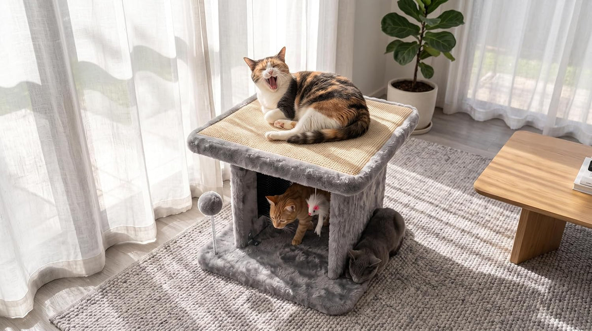 Large Cat Bed with Scratching Post and Combing Board, Sturdy and Durable, Ideal for Small Breeds