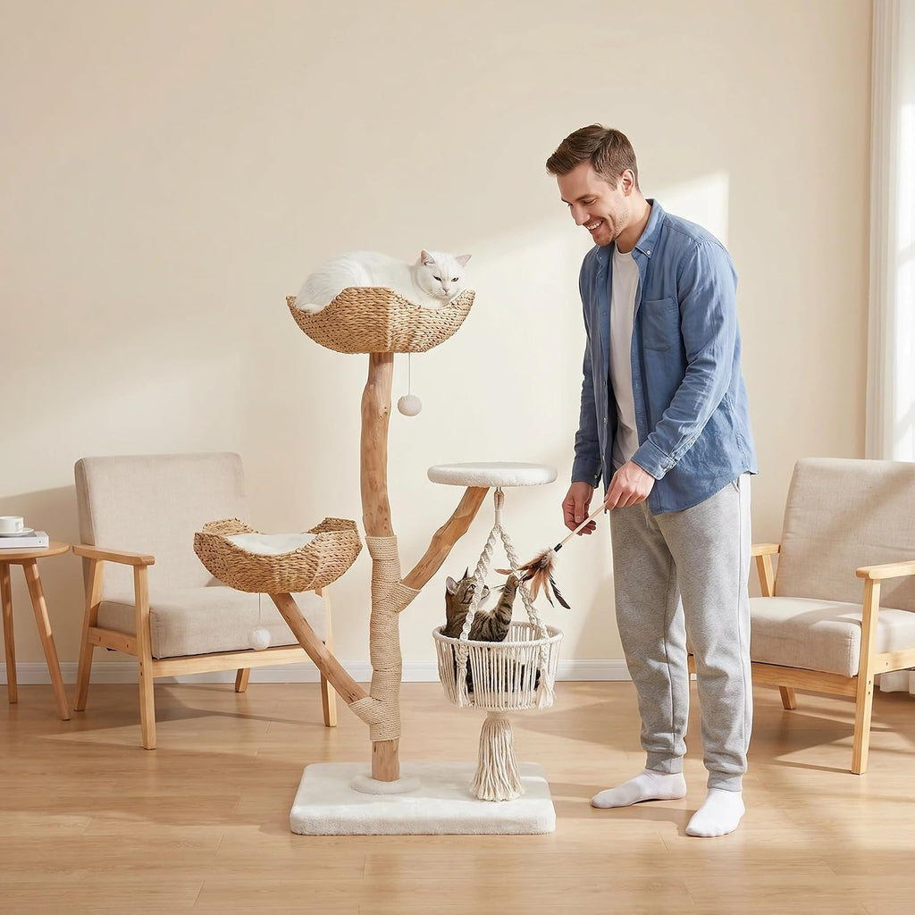 Modern Natural Wood Cat Tree – 45.3-Inch Stable Multi-Level Cat Tower