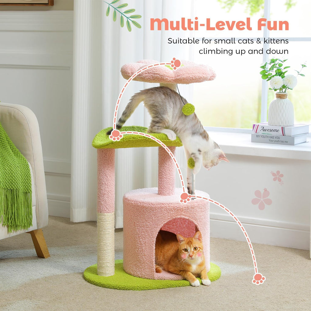 PAWZ Road Flower Cat Tree 32" Small Cat Tower with Curved Perch Bed