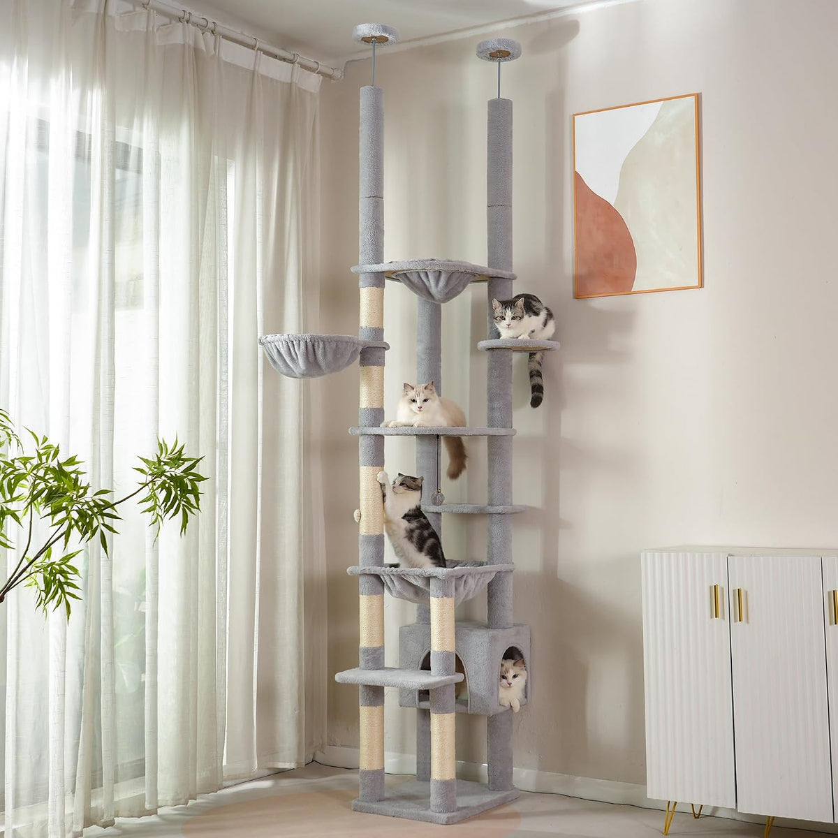 Floor to Ceiling Cat Tree Dual Posts, Adjustable Height 88.9-109"
