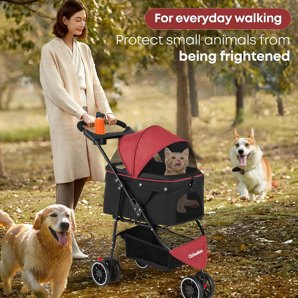 Pet Stroller,Dog Stroller for Small Medium Dogs Cats,3 Wheels,Red+Black