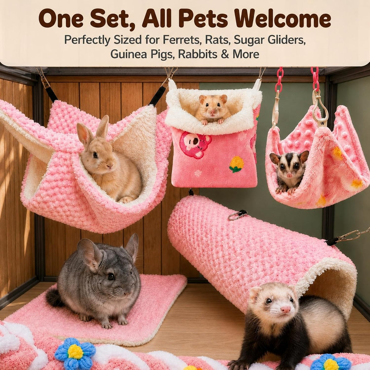 CTTZCKJ Anxiety Relief Ferret Hammock Set with Soft Cage Mat,6 Pcs Pink Sugar Glider Cage Accessories for Rats,Hamster,Guinea Pigs,Chinchilla,Squirrel,Hedgehog,Gerbil,Bunny,Bearded Dragon,Lizard