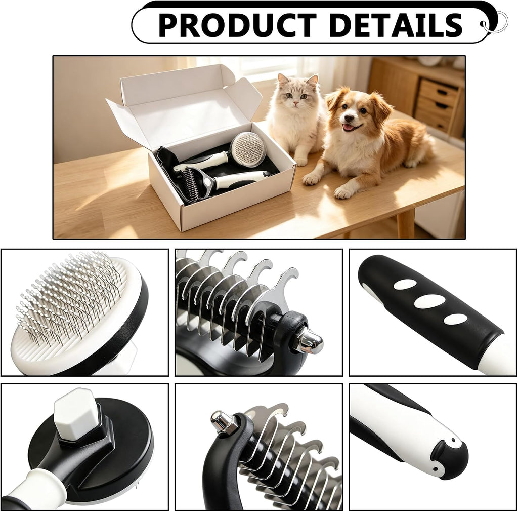 2Pc Dematting Rake & Self-Cleaning Slicker Brush for Dogs Cats