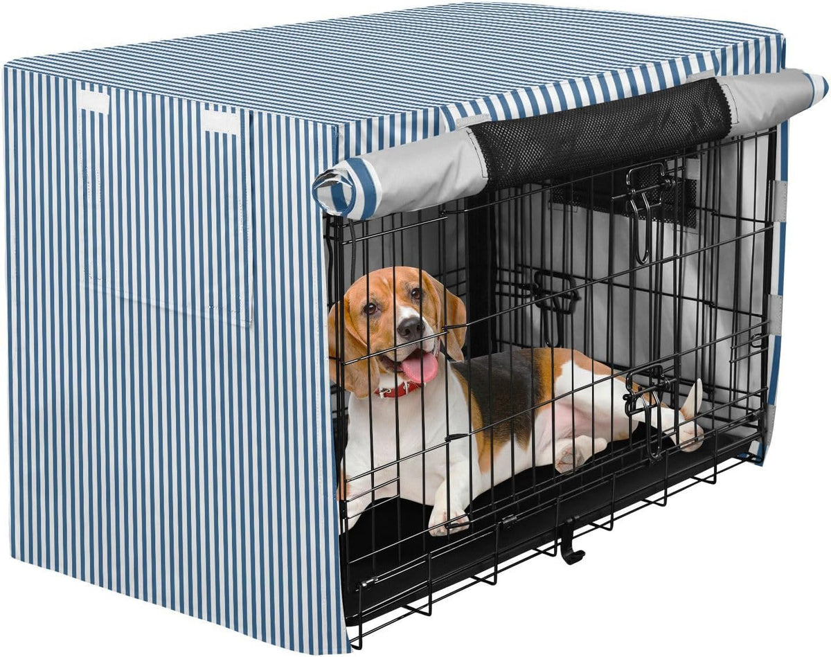 Blue White Stripes Dog Crate Cover 600D Oxford Heavy Duty Kennel Cover Mesh Window Soundproof Waterproof Sunshade Universal Fit for 30 inches Wire Cage