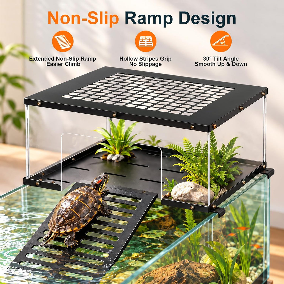 Turtle Basking Platform Fits 18‑20 Inch Wide Aquariums 304 Stainless Steel Non‑Slip Ramp Terrace, Aquascape‑Ready Reptile Basking Dock for Aquatic Turtles